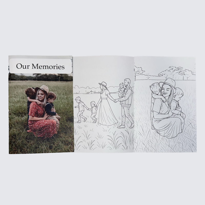 Custom coloring book showing a photo of a mother with children transformed into coloring pages